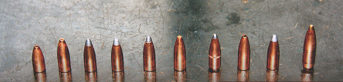 Bullets used for load testing included a (1) Midsouth Shooters Supply 34-grain Varmint Nightmare X-Treme HP, (2) Midway USA Dogtown 50 FBHP, (3) Dogtown 50 spitzer, (4) Midsouth 50 Varmint Nightmare X-Treme SP, (5) Dogtown 55 spitzer, (6) Dogtown 55 FBHP, (7) 55 Varmint Nightmare X-Treme BTSP, (8) 55 Varmint Nightmare FBHP, (9) Varmint 55 Nightmare SP and a (10) Rocky Mountain Reloading 69-grain 3-Gun Hunter BTHP.